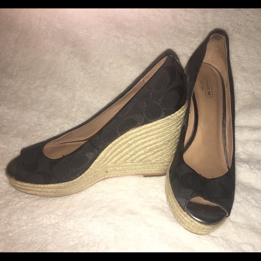 Coach black classic monogram wedge peep toe heels